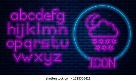 Glowing neon Cloud with snow and moon icon isolated on brick wall background. Cloud with snowflakes. Single weather icon. Snowing sign. Neon light alphabet. Vector Illustration