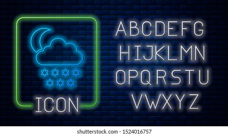 Glowing neon Cloud with snow and moon icon isolated on brick wall background. Cloud with snowflakes. Single weather icon. Snowing sign. Neon light alphabet. Vector Illustration
