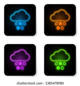 Glowing neon Cloud with snow and rain icon isolated on white background. Weather icon. Black square button. Vector Illustration