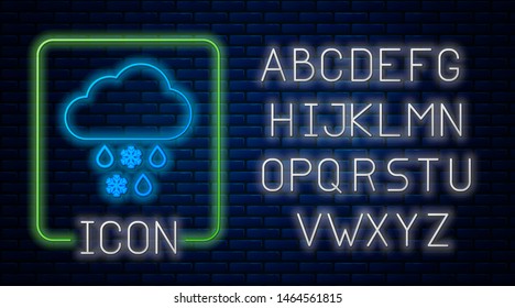 Glowing neon Cloud with snow and rain icon isolated on brick wall background. Weather icon. Neon light alphabet. Vector Illustration