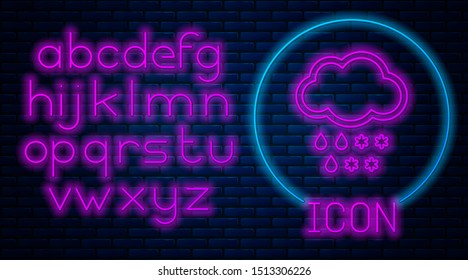 Glowing neon Cloud with snow and rain icon isolated on brick wall background. Weather icon. Neon light alphabet. Vector Illustration