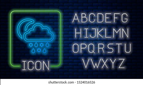 Glowing neon Cloud with snow and rain icon isolated on brick wall background. Weather icon. Neon light alphabet. Vector Illustration