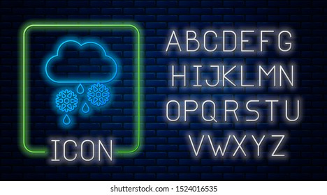 Glowing neon Cloud with snow, rain and moon icon isolated on brick wall background. Weather icon. Neon light alphabet. Vector Illustration
