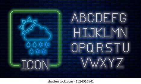 Glowing neon Cloud with snow and rain icon isolated on brick wall background. Weather icon. Neon light alphabet. Vector Illustration