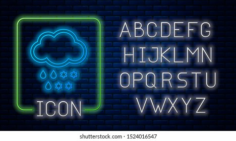 Glowing neon Cloud with snow and rain icon isolated on brick wall background. Weather icon. Neon light alphabet. Vector Illustration