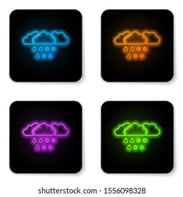 Glowing neon Cloud with snow and rain icon isolated on white background. Weather icon. Black square button. Vector Illustration