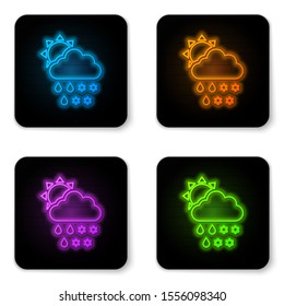 Glowing neon Cloud with snow and rain icon isolated on white background. Weather icon. Black square button. Vector Illustration