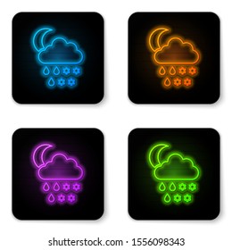 Glowing neon Cloud with snow, rain and moon icon isolated on white background. Weather icon. Black square button. Vector Illustration