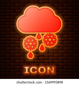 Glowing neon Cloud with snow and rain icon isolated on brick wall background. Weather icon.  Vector Illustration