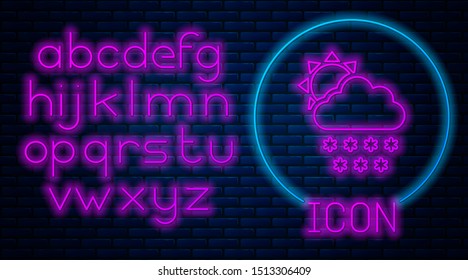 Glowing neon Cloud with snow and sun icon isolated on brick wall background. Cloud with snowflakes. Single weather icon. Snowing sign. Neon light alphabet. Vector Illustration