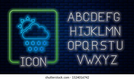 Glowing neon Cloud with snow and sun icon isolated on brick wall background. Cloud with snowflakes. Single weather icon. Snowing sign. Neon light alphabet. Vector Illustration