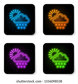 Glowing neon Cloud with snow and sun icon isolated on white background. Cloud with snowflakes. Single weather icon. Snowing sign. Black square button. Vector Illustration