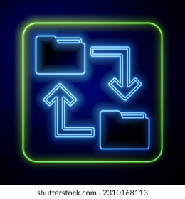 Icono de la carpeta de documentos de texto de almacenamiento de neón en nube brillante aislado en fondo azul.  Vector