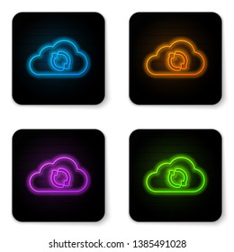 Glowing neon Cloud sync refresh icon isolated on white background. Cloud and arrows. Black square button. Vector Illustration