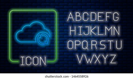 Glowing neon Cloud sync refresh icon isolated on brick wall background. Cloud and arrows. Neon light alphabet. Vector Illustration