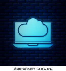 Glowing neon Cloud technology data transfer and storage icon isolated on brick wall background.  Vector Illustration