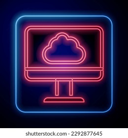 Glowing neon Cloud technology data transfer and storage icon isolated on blue background.  Vector