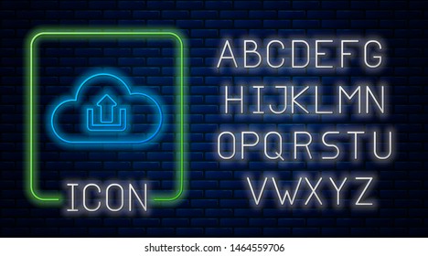 Glowing neon Cloud upload icon isolated on brick wall background. Neon light alphabet. Vector Illustration