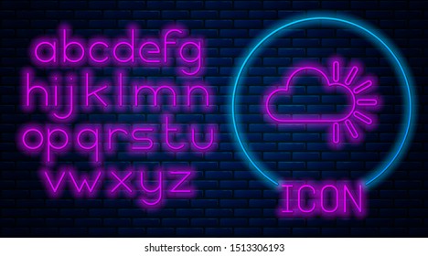 Glowing neon Cloudy icon isolated on brick wall background. Neon light alphabet. Vector Illustration