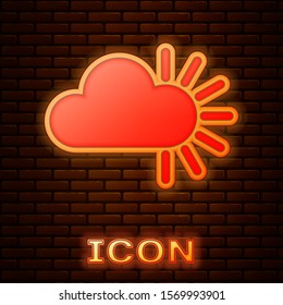 Glowing neon Cloudy icon isolated on brick wall background.  Vector Illustration