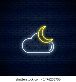 Glowing neon cloudy with moon weather icon on dark brick wall background. Cloud symbol with moon in neon style to weather forecast in mobile application. Vector illustration.