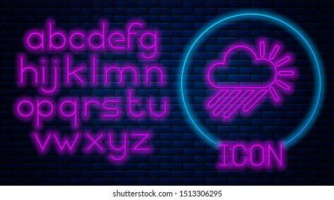 Glowing neon Cloudy with rain and sun icon isolated on brick wall background. Rain cloud precipitation with rain drops. Neon light alphabet. Vector Illustration