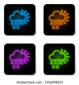 Glowing neon Cloudy with rain and sun icon isolated on white background. Rain cloud precipitation with rain drops. Black square button. Vector Illustration
