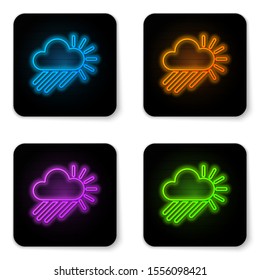 Glowing neon Cloudy with rain and sun icon isolated on white background. Rain cloud precipitation with rain drops. Black square button. Vector Illustration
