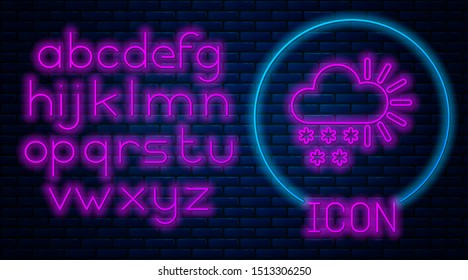 Glowing neon Cloudy with snow icon isolated on brick wall background. Cloud with snowflakes. Single weather icon. Snowing sign. Neon light alphabet. Vector Illustration