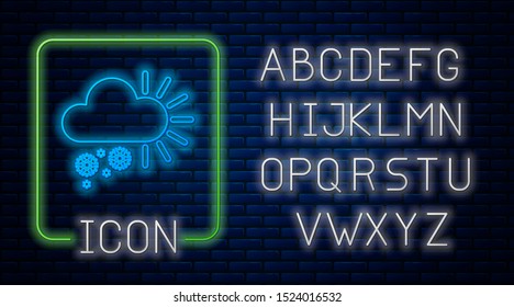 Glowing neon Cloudy with snow icon isolated on brick wall background. Cloud with snowflakes. Single weather icon. Snowing sign. Neon light alphabet. Vector Illustration