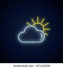 Glowing neon cloudy with sun weather icon on dark brick wall background. Cloud symbol with sunny in neon style to weather forecast in mobile application. Vector illustration.