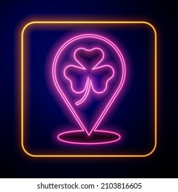 Glowing neon Clover trefoil leaf icon isolated on black background. Happy Saint Patricks day. National Irish holiday.  Vector