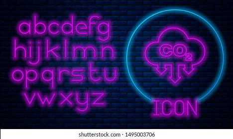 Glowing neon CO2 emissions in cloud icon isolated on brick wall background. Carbon dioxide formula symbol, smog pollution concept, environment concept. Neon light alphabet. Vector Illustration