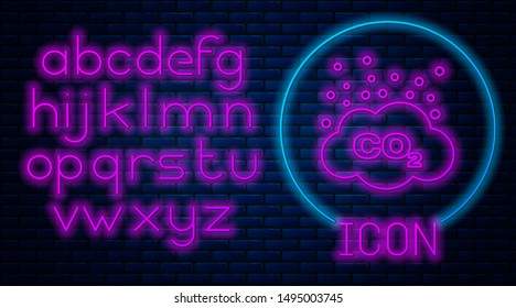 Glowing neon CO2 emissions in cloud icon isolated on brick wall background. Carbon dioxide formula symbol, smog pollution concept, environment concept. Neon light alphabet. Vector Illustration