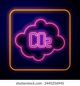 Glowing neon CO2 emissions in cloud icon isolated on black background. Carbon dioxide formula, smog pollution concept, environment concept.  Vector