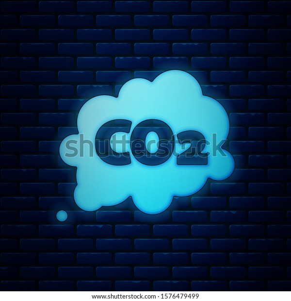 Glowing neon CO2 emissions\
in cloud icon isolated on brick wall background. Carbon dioxide\
formula symbol, smog pollution concept, environment concept. \
Vector Illustration