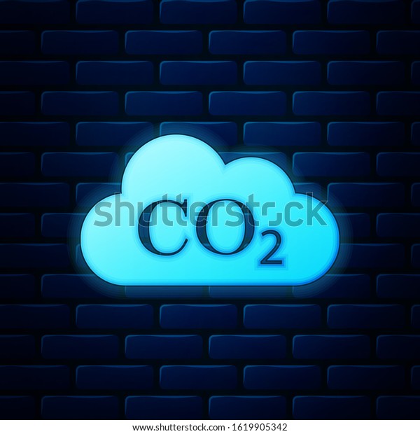 Glowing neon CO2 emissions in cloud icon\
isolated on brick wall background. Carbon dioxide formula symbol,\
smog pollution concept, environment concept, combustion products. \
Vector Illustration