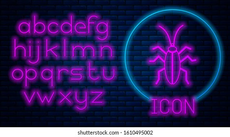 Glowing neon Cockroach icon isolated on brick wall background. Neon light alphabet. Vector Illustration