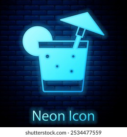 Glowing neon Cocktail and alcohol drink with umbrella icon isolated on brick wall background.  Vector