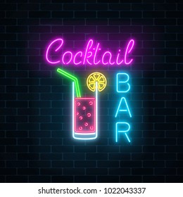 Glowing Neon Cocktails Bar Signboard On Dark Brick Wall Background. Luminous Advertising Sign Of Night Club With Bar. Glow Gas Advertising With Glass Of Cocktail. Vector Illustration.