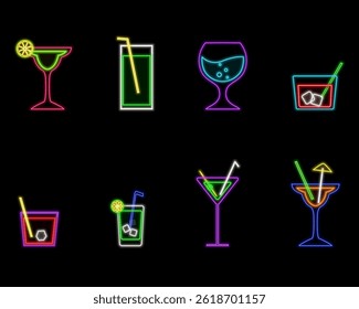 glowing neon cocktails. Martini. set of drinks. Icon for night restaurant background. LED luminous sign for cocktail bar.