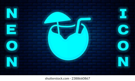 Glowing neon Coconut juice exotic fresh cocktail and umbrella icon isolated on brick wall background.  Vector
