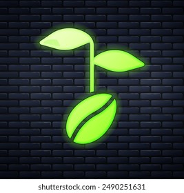 Glowing neon Coffee beans icon isolated on brick wall background.  Vector