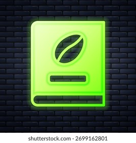 Glowing neon Coffee book icon isolated on brick wall background.  Vector