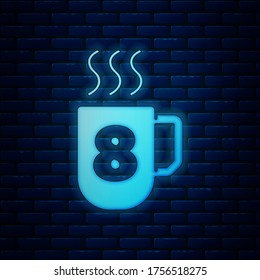 Glowing neon Coffee cup with 8 March icon isolated on brick wall background. Tea cup. Hot drink coffee. International Happy Women Day.  Vector Illustration