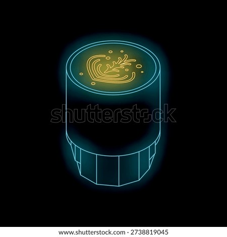 Glowing neon coffee cup with decorative latte art, representing modern cafe culture and nightlife