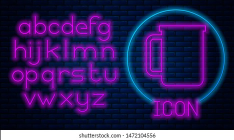 Glowing neon Coffee cup flat icon isolated on brick wall background. Tea cup. Hot drink coffee. Neon light alphabet. Vector Illustration