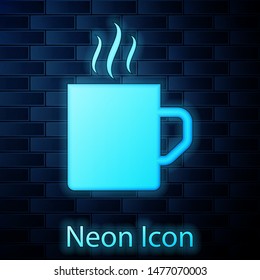Glowing neon Coffee cup flat icon isolated on brick wall background. Tea cup. Hot drink coffee.  Vector Illustration