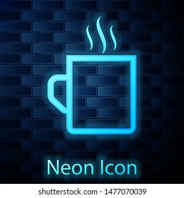 Glowing neon Coffee cup flat icon isolated on brick wall background. Tea cup. Hot drink coffee.  Vector Illustration