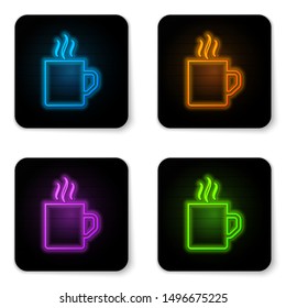 Glowing neon Coffee cup flat icon isolated on white background. Tea cup. Hot drink coffee. Black square button. Vector Illustration